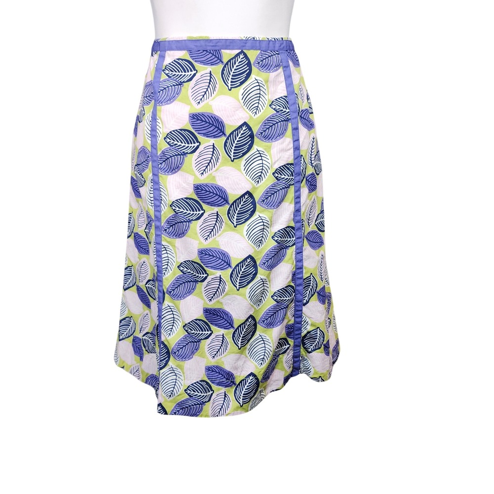 Boden A-Line Skirt Womens 4 Green Purple Leaf Cotton Ribbon Trim Casual Preppy